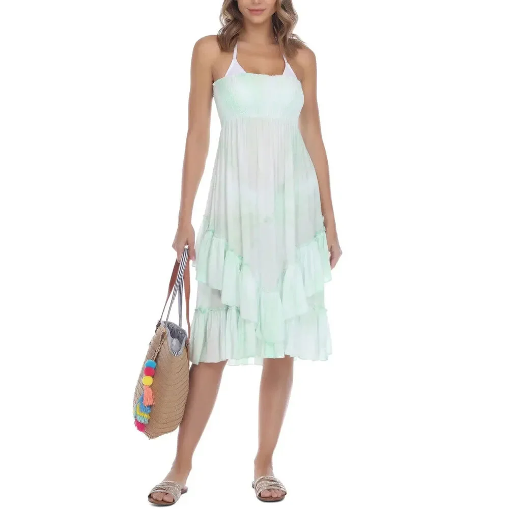 Raviya Women's 75947TD Mint Green Honey Dew Ruffle Smocked Swim Cover Up Size L - Picture 1 of 2